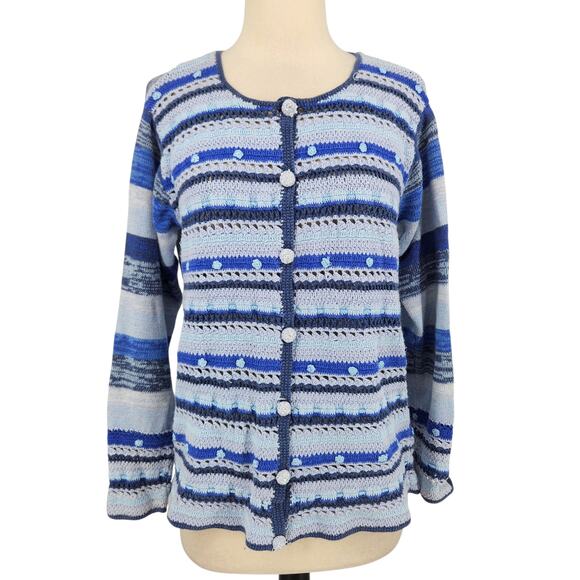Storybook Knits Blue Stripe Cardigan – Beaded Buttons, Embroidered 3D Florals - Picture 1 of 7